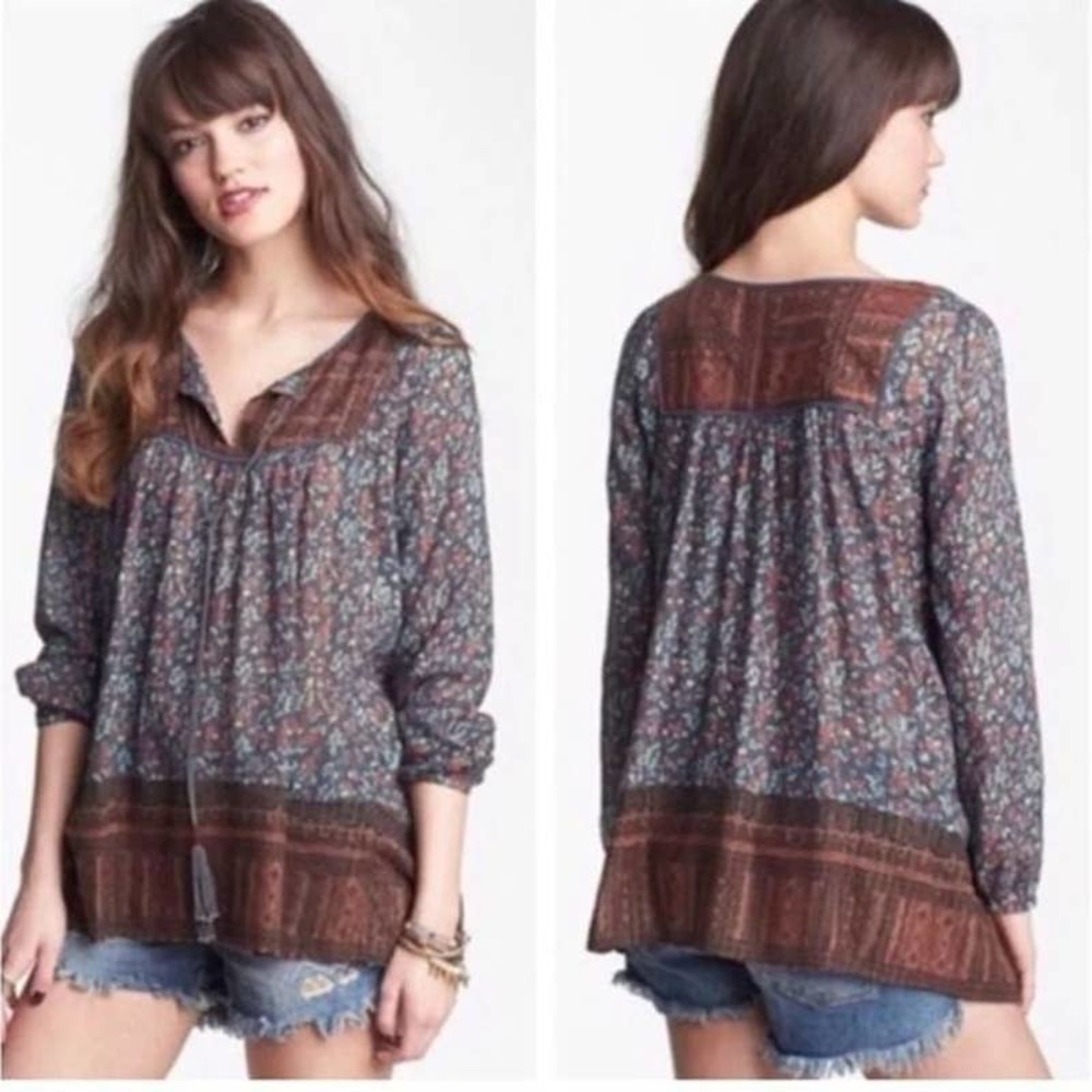 Free People Flowing Dream Lover Floral Metallic Tassel Detail Boho Tunic Blouse